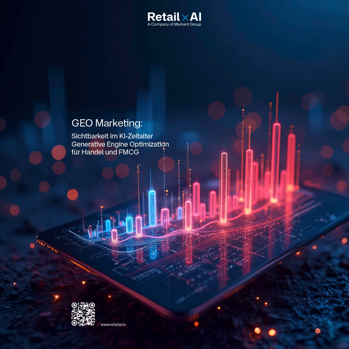 GEO Marketing promotional image with Retail AI logo and neon bar-chart visuals on a tablet screen in blue and pink tones.
