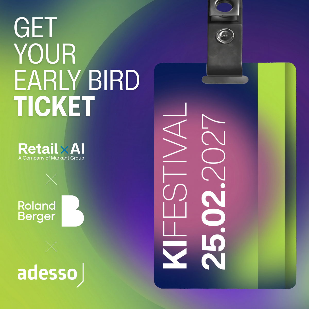 Promotional banner: 'Get your early bird ticket' for a festival, with a hanging badge and sponsor logos.