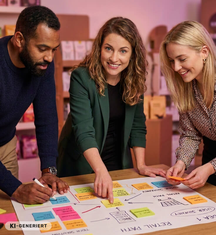 Three coworkers lean over a planning board with colorful sticky notes, collaborating on a project.